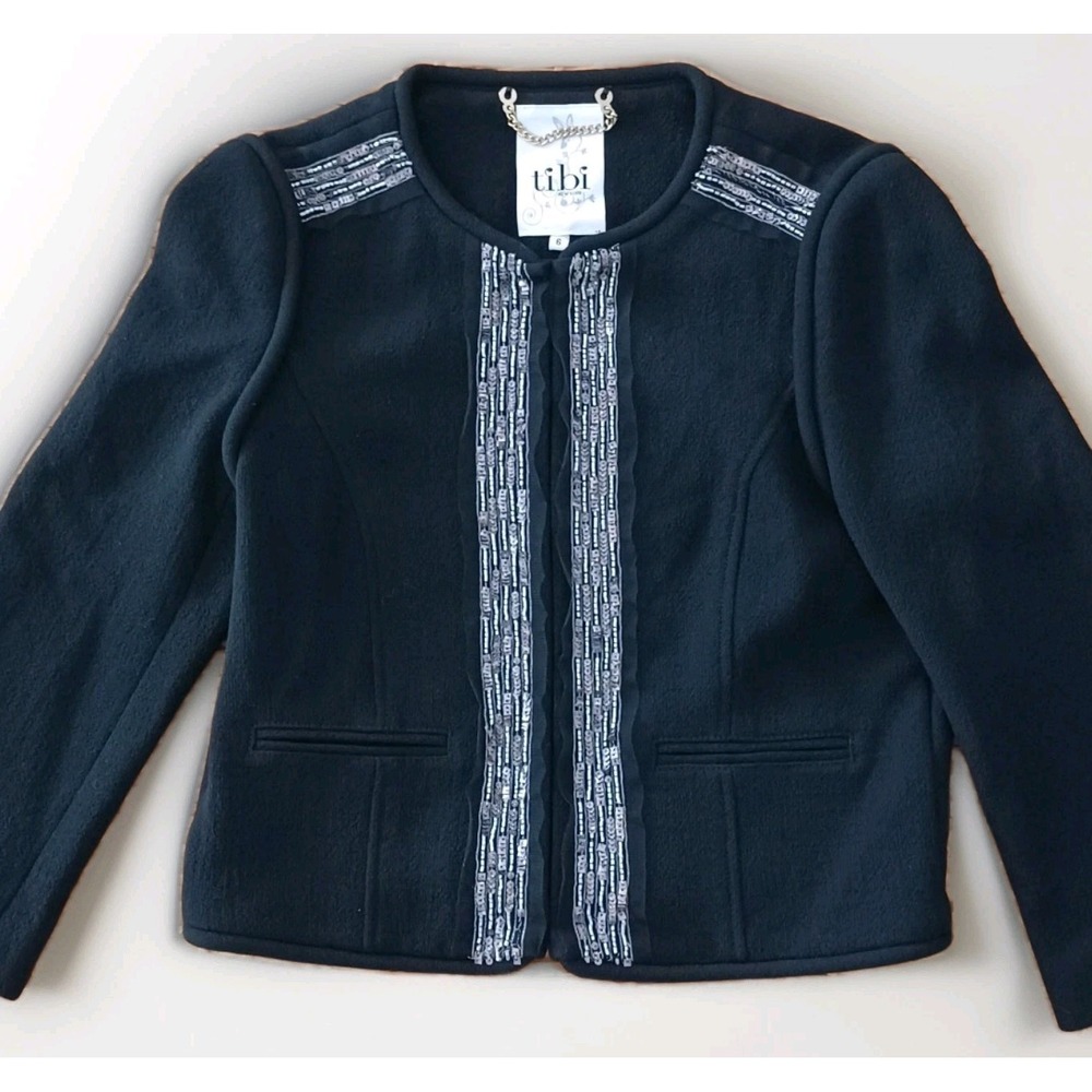 Tibi‎ New York Black 100% Virgin Wool Beaded Sequin Embellished Jacket Womens 6